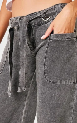 Black Washed Twill Tie Belt Detail Wide Leg Pants