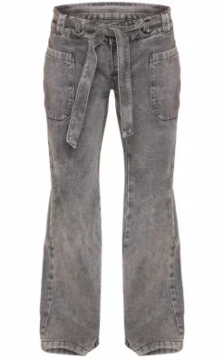 Black Washed Twill Tie Belt Detail Wide Leg Pants