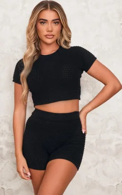 Black Wave Open Knit Booty Shorts
