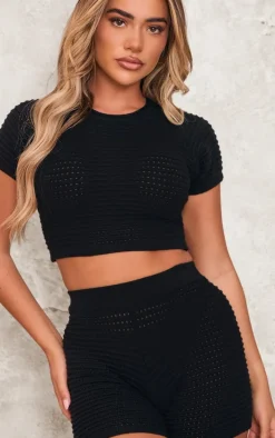 Black Wave Open Knit Booty Shorts