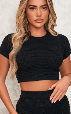 Black Wave Open Knit Short Sleeve Top