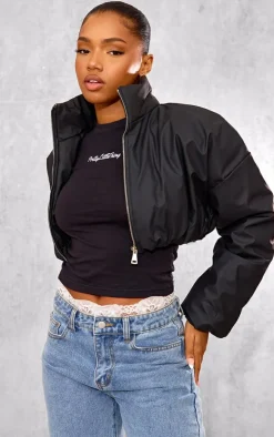 Black Wax Look Zip Up Cropped Puffer Coat