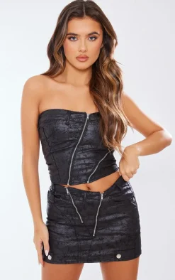 Black Waxed Denim Zip Detail Bandeau Top