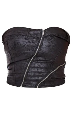 Black Waxed Denim Zip Detail Bandeau Top