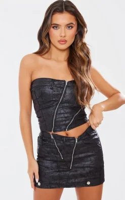 Black Waxed Denim Zip Detail Micro Mini Skirt