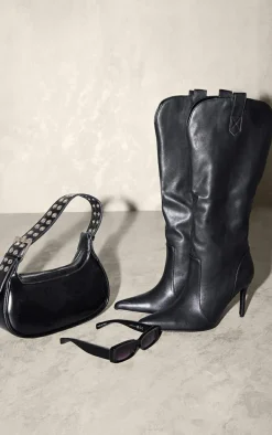 Black Western Detail Point Toe Stiletto Heeled Knee Boots