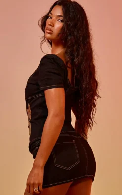 Black Western Patch Detail Denim Corset