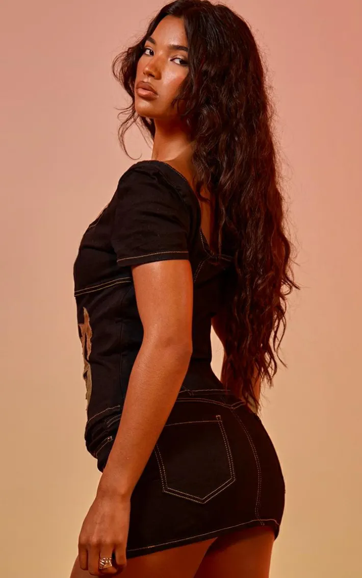 Black Western Patch Detail Denim Corset