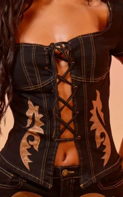 Black Western Patch Detail Denim Corset