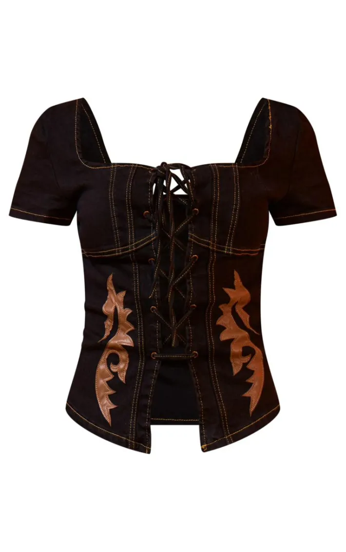 Black Western Patch Detail Denim Corset