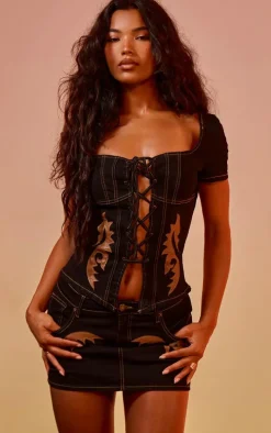 Black Western Patch Detail Denim Mini Skirt