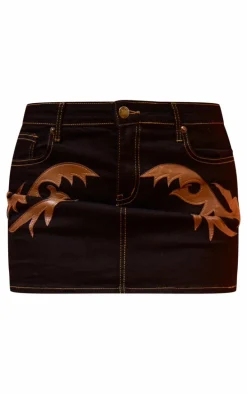 Black Western Patch Detail Denim Mini Skirt