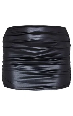 Black Wet Look Ruched Micro Mini Skirt