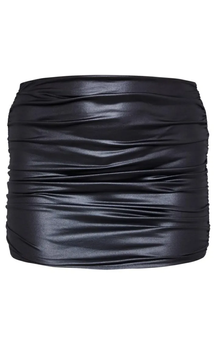 Black Wet Look Ruched Micro Mini Skirt