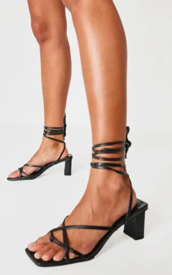 Black Wide Fit Block Heel Square Toe Ankle Tie Strappy Sandals