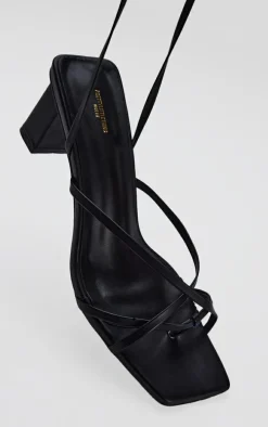 Black Wide Fit Block Heel Square Toe Ankle Tie Strappy Sandals