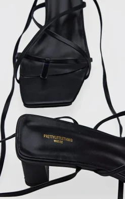 Black Wide Fit Block Heel Square Toe Ankle Tie Strappy Sandals