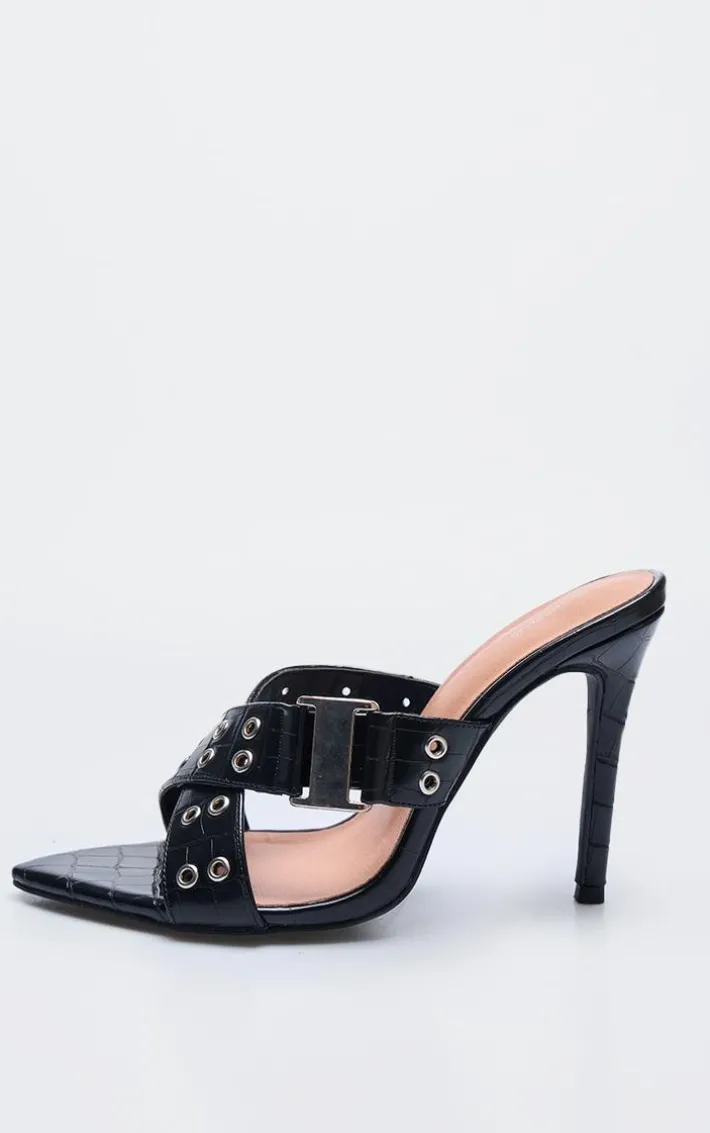 Black Wide Fit Croc Pu Point Toe Buckle Detail Heeled Mules