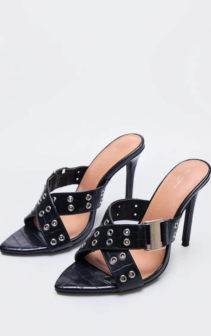 Black Wide Fit Croc Pu Point Toe Buckle Detail Heeled Mules