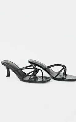 Black Wide Fit Croc PU Square Toe Knotted Heeled Mules