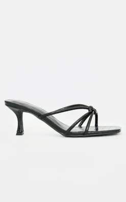 Black Wide Fit Croc PU Square Toe Knotted Heeled Mules