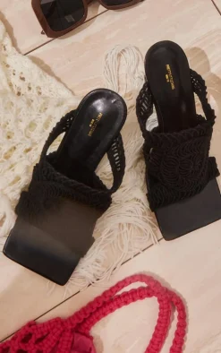 Black Wide Fit Crochet Strap Square Toe Mid Heeled Mules