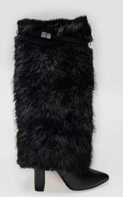 Black Wide Fit Faux Fur Fold Over Belt Detail Heeled Boots