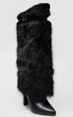 Black Wide Fit Faux Fur Fold Over Belt Detail Heeled Boots