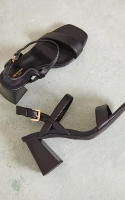 Black Wide Fit Faux Leather Square Toe Strap Block Heeled Sandals