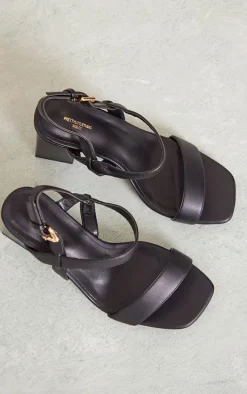 Black Wide Fit Faux Leather Square Toe Strap Block Heeled Sandals