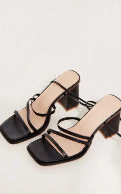 Black Wide Fit Faux Leather Square Triple Strap Ankle Tie Block Heeled Sandals