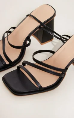 Black Wide Fit Faux Leather Square Triple Strap Ankle Tie Block Heeled Sandals