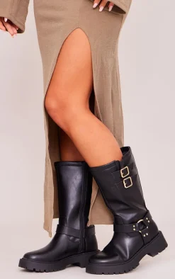 Black Wide Fit Faux Leather Double Buckled Calf High Boots