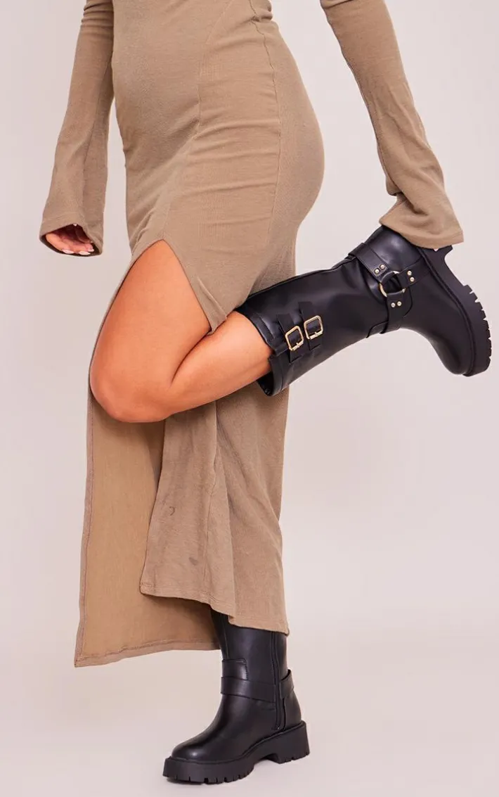 Black Wide Fit Faux Leather Double Buckled Calf High Boots