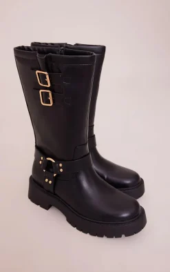 Black Wide Fit Faux Leather Double Buckled Calf High Boots