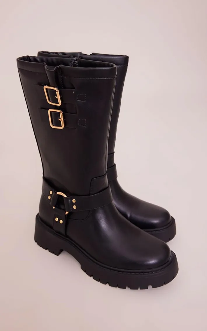 Black Wide Fit Faux Leather Double Buckled Calf High Boots