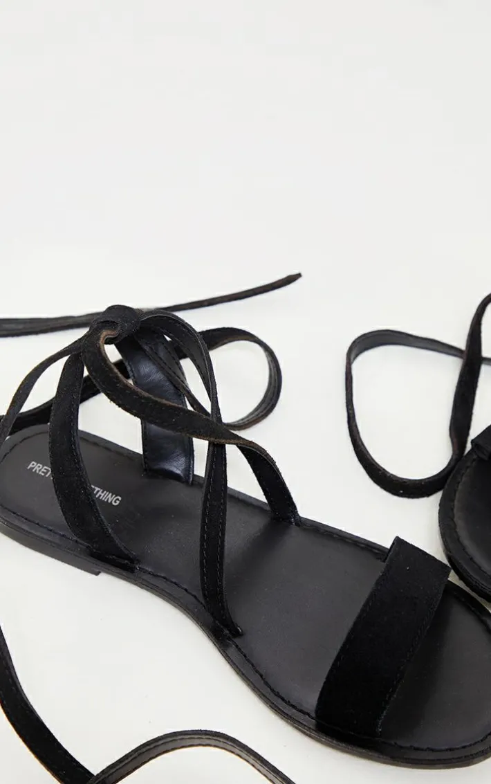 Black Wide Fit Faux Suede Strappy Basic Sandal
