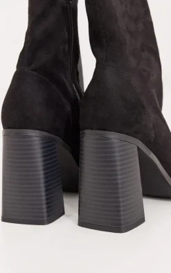 Black Wide Fit Faux Suede Block Heeled Sock Ankle Boots