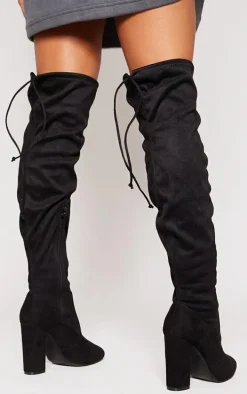 Black Wide Fit Faux Suede Round Toe Block Heel Over The Knee Boots