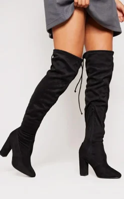 Black Wide Fit Faux Suede Round Toe Block Heel Over The Knee Boots