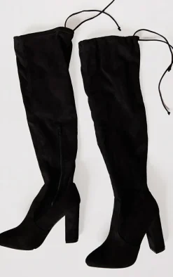 Black Wide Fit Faux Suede Round Toe Block Heel Over The Knee Boots
