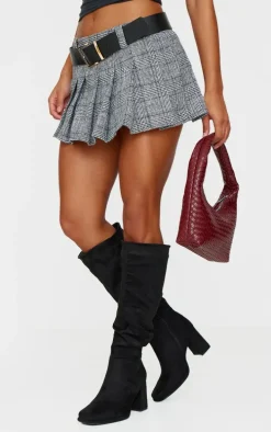 Black Wide Fit Faux Suede Square Toe Ruched High Blocked Heeled Knee Boots