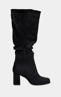 Black Wide Fit Faux Suede Square Toe Ruched High Blocked Heeled Knee Boots