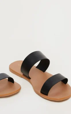 Black Wide Fit Leather Twin Strap Sandal