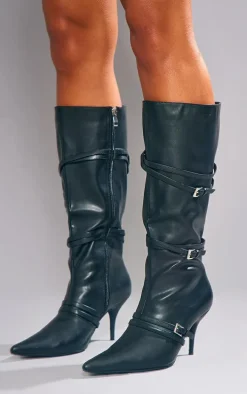 Black Wide Fit PU Calf High Buckle Low Heeled Boots