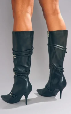 Black Wide Fit PU Calf High Buckle Low Heeled Boots