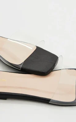 Black WIDE FIT PU Clear Strap Mule Sandals
