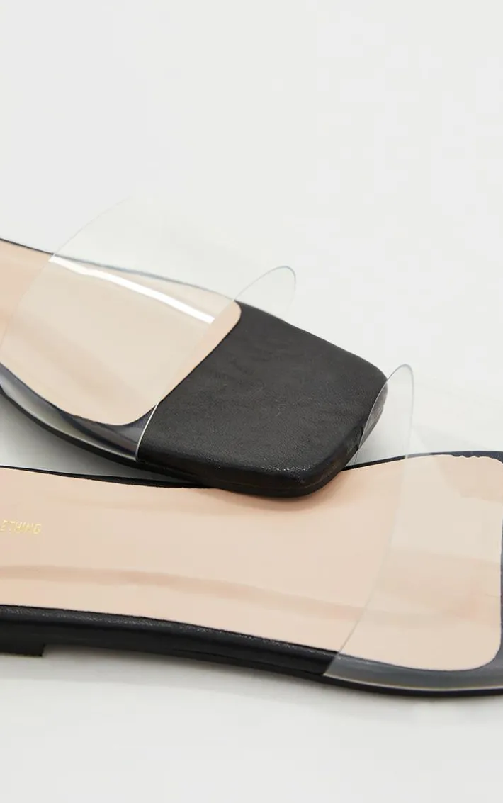 Black WIDE FIT PU Clear Strap Mule Sandals