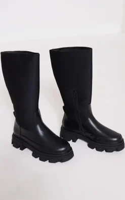 Black Wide Fit Pu Contrast Panel Round Toe Chunky Calf High Boots