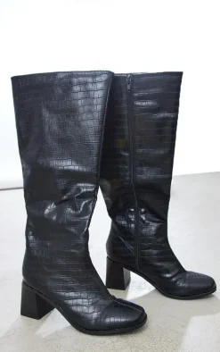 Black Wide Fit Pu Croc Square Toe Mid Block Heeled Knee Boots